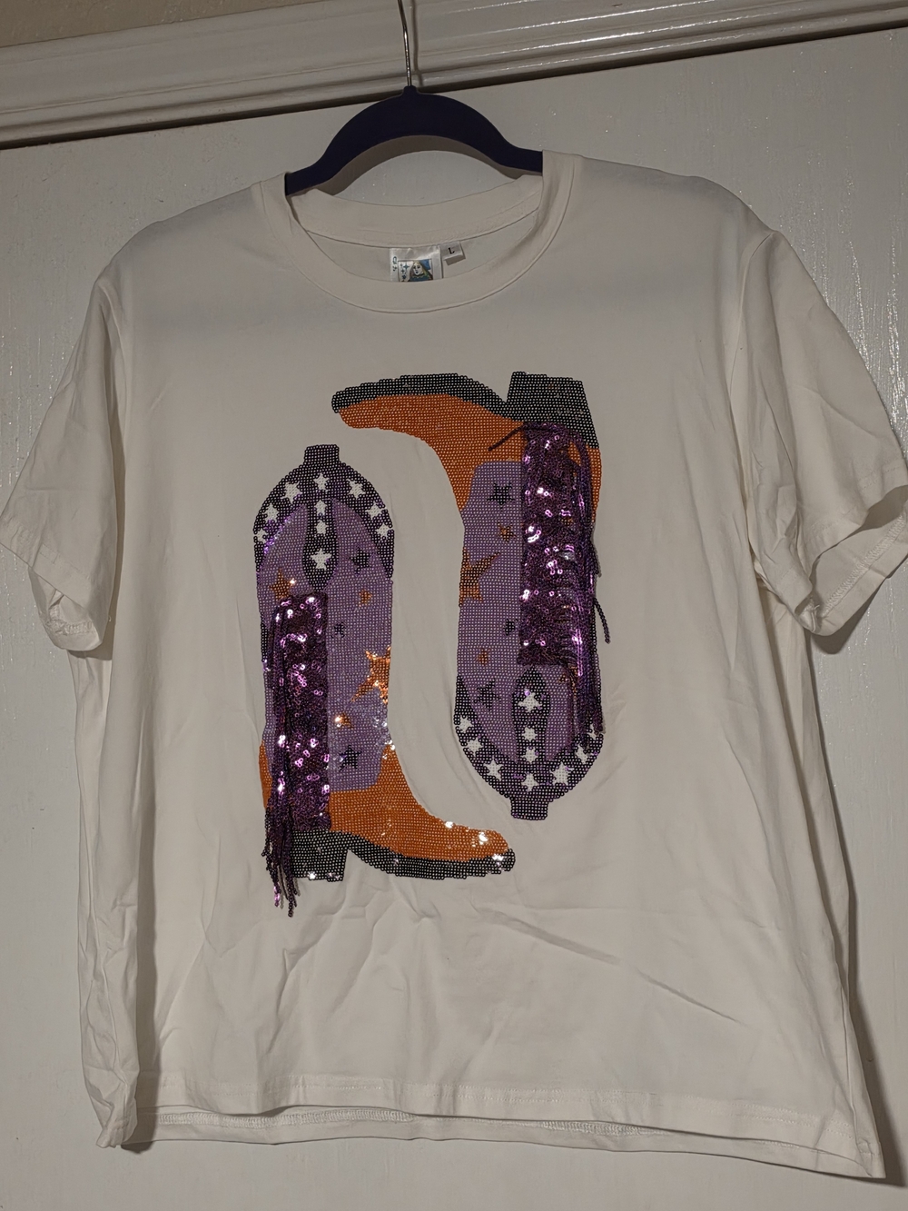 Sequin Cowboy Boot Graphic Tee - Purple & Orange